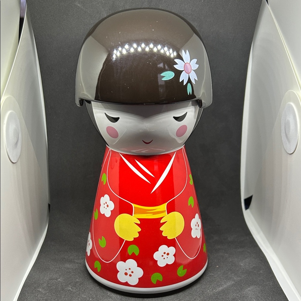 Red Kokeshi Doll with Floral Design Ceramic Tea Canister